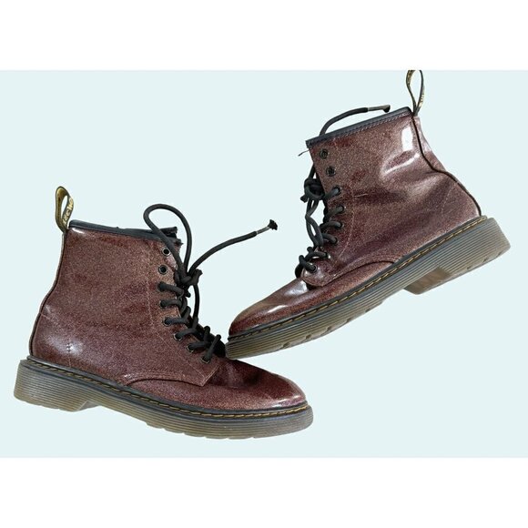 DR MARTENS Kids Youth Side Zippers Boots Shoes Burgundy Sparkle Glitter … - Picture 1 of 8